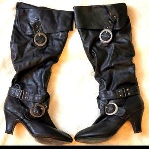 Black Faux Leather Long Boots with Buckles, Size 9